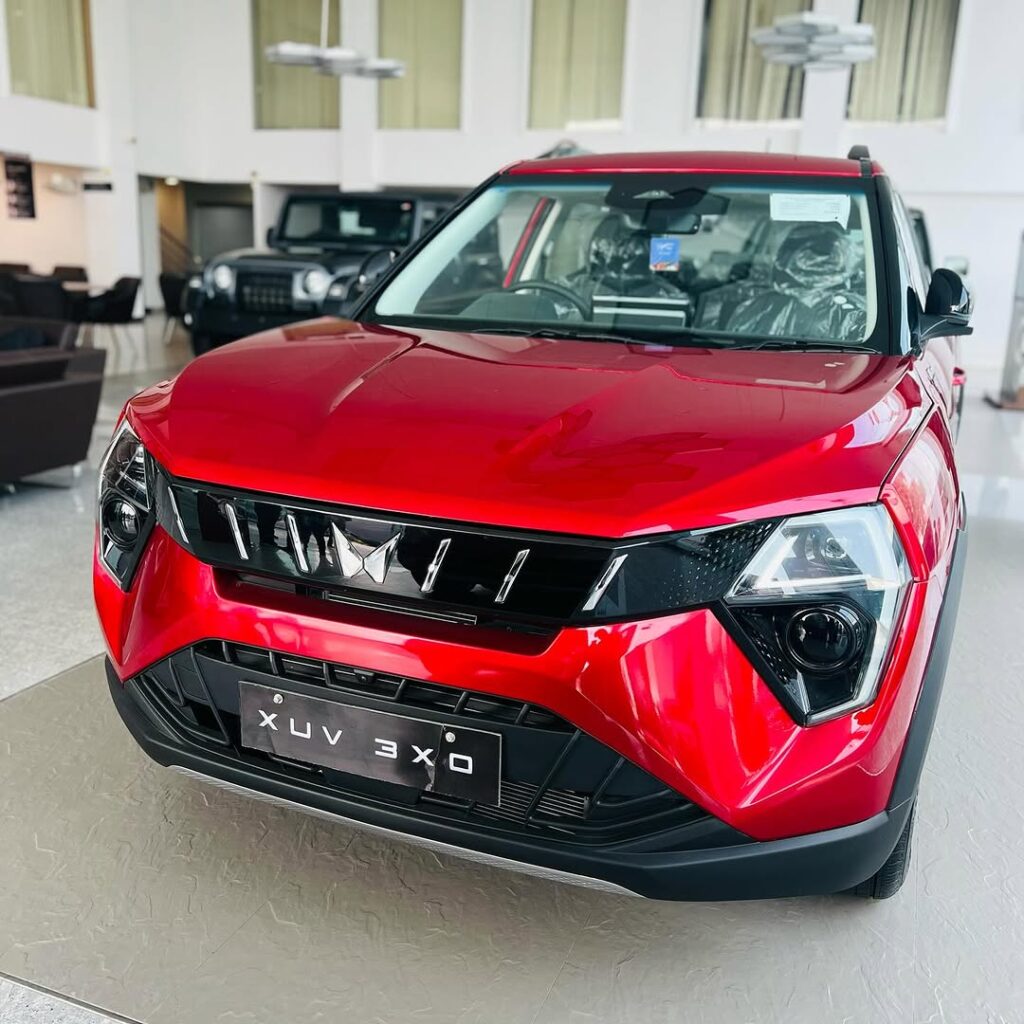 Mahindra XUV 3XO front view in red colour